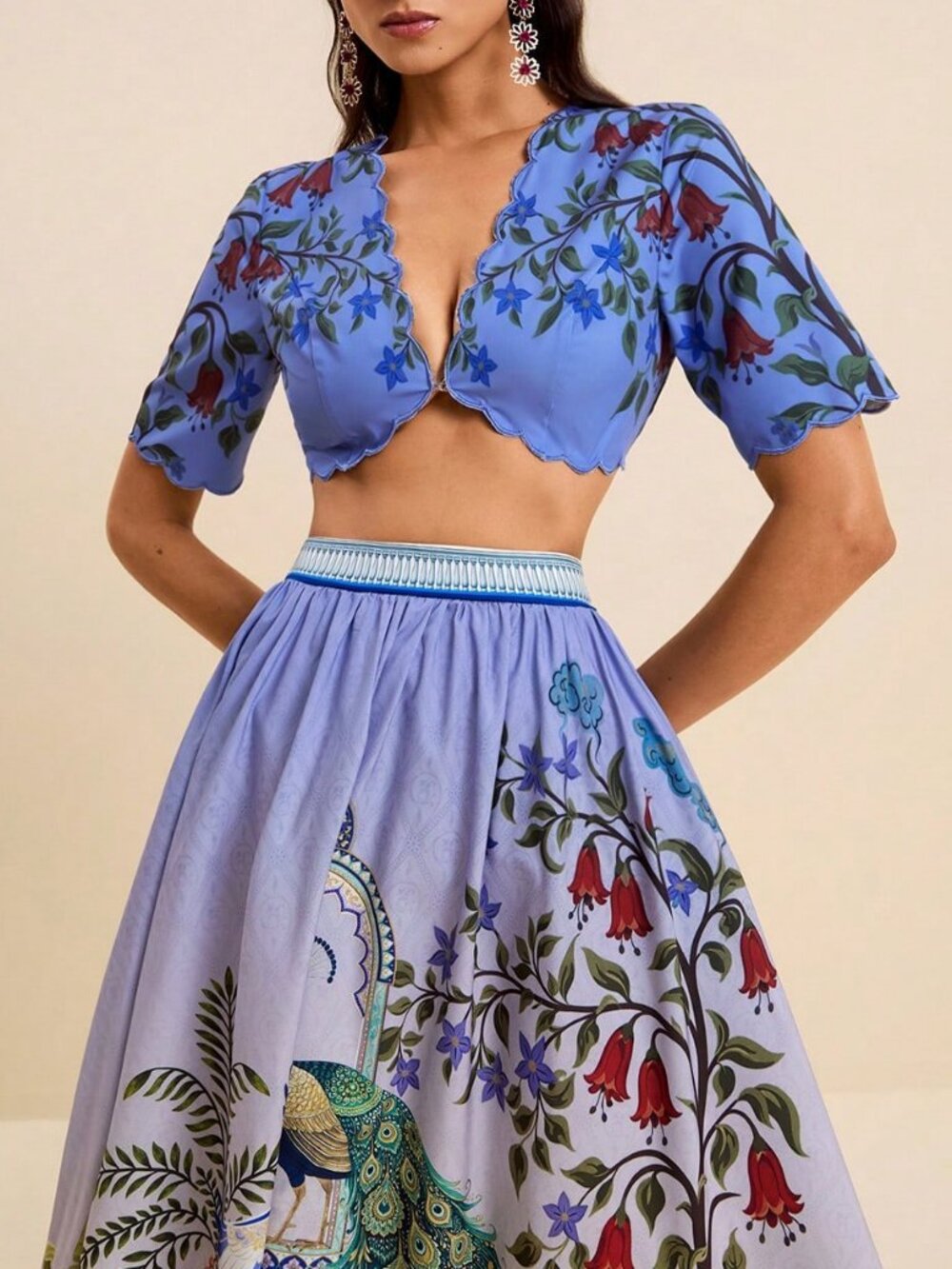 Boho Women's Short V-Neck Ruffle Trim Embroidered Floral Print Blouse - Picture 2 of 8